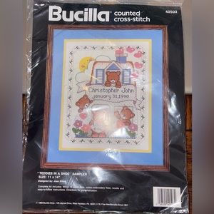 Vintage 1990 Bucilla Counted‎ Cross Stitch Kit Sampler 40503 Teddies In A Shoe